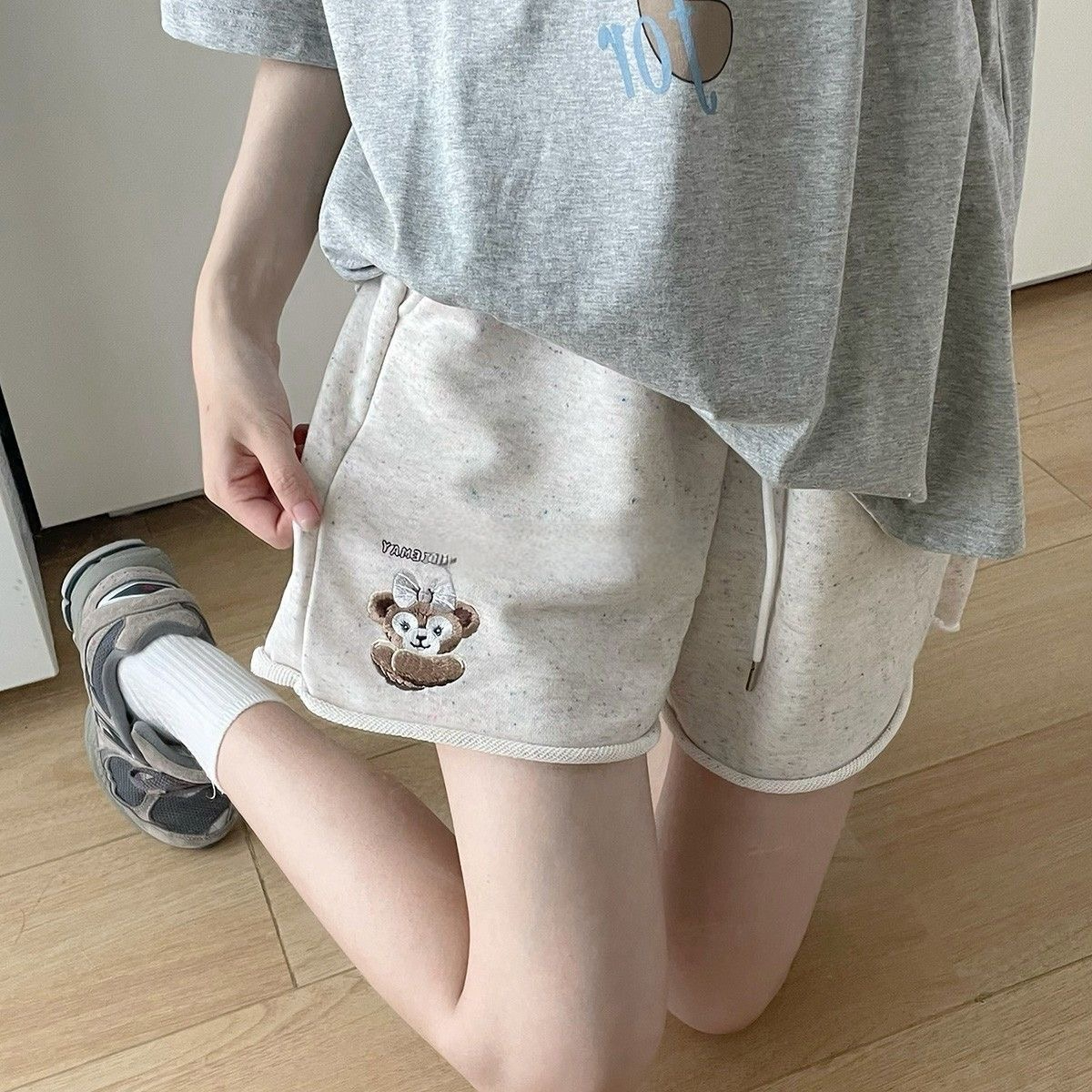 原版面料 彩棉點點可愛刺繡休閒短褲女寬鬆顯瘦闊腿五分運動褲夏