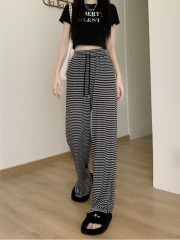 Real photo of classic water ripples striped women's trousers with high waist loose floor lazy and versatile walking pants wide-leg pants