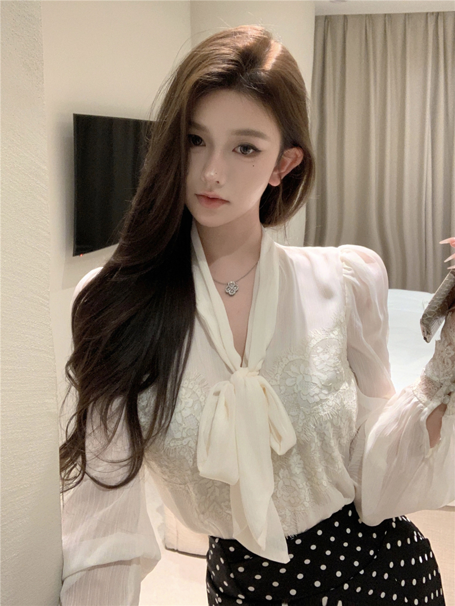 Real shot of retro sexy bow temperament lace spliced ​​long sleeve shirt + polka dot hip skirt for women