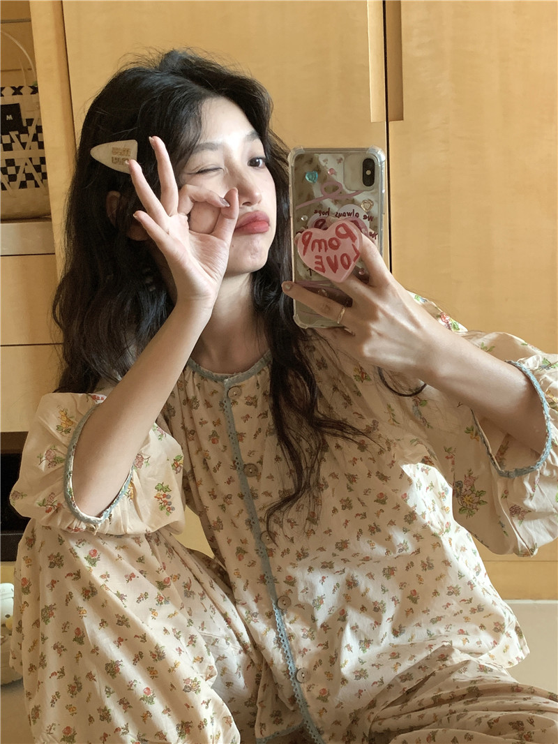 Real shot of Korean version loose cotton floral contrast lace loose comfortable unrestrained home clothing suit night skirt