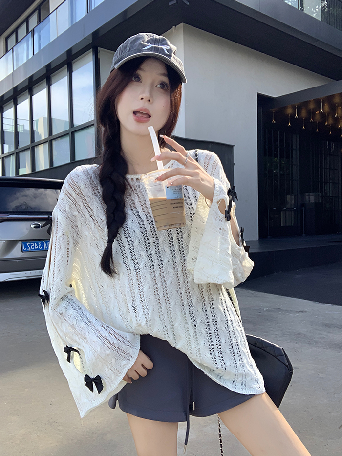 Real shot~ Women's new spring Korean version loose lazy style sweet bow hollow knitted pullover top