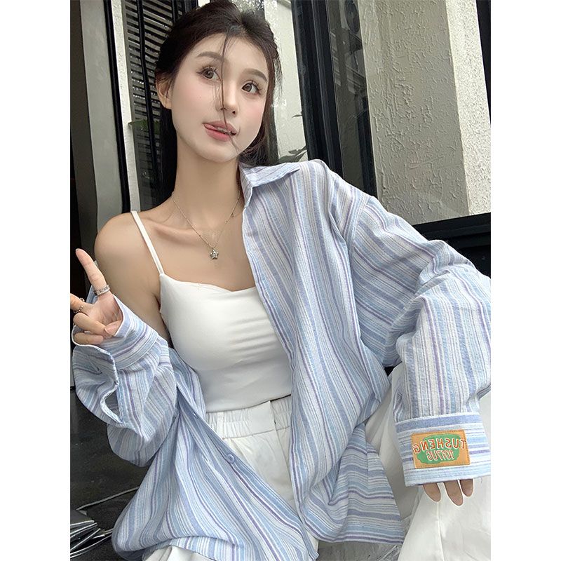 薄款襯衫上衣女設計感寬鬆慵懶長袖條紋開衫外套