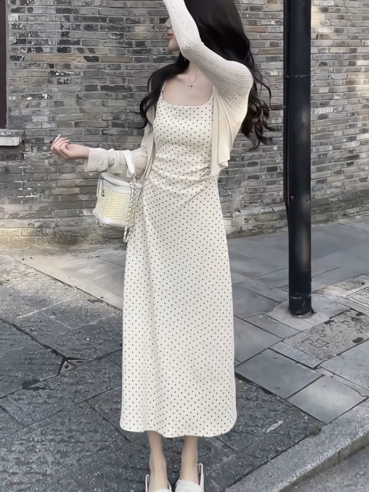 珍珠舒芙蕾法式長裙女夏季收腰顯瘦度假風無袖波點氣質吊帶連衣裙