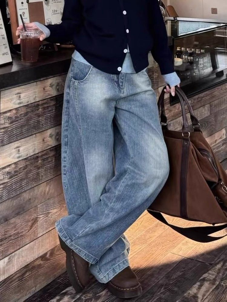 American retro deconstructed scimitar jeans men and women autumn high street loose wide-leg casual drooping trousers
