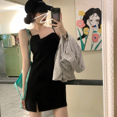 外貿黑色吊帶連衣裙女春裝韓版新款辣妹設計感不規則顯瘦打底裙子