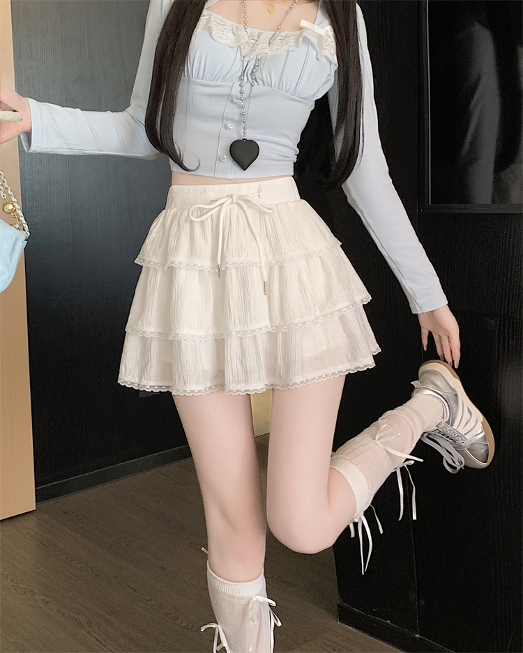Real shot~White lace fluffy cake skirt for women in summer high waist A-line ballet style small short skirt