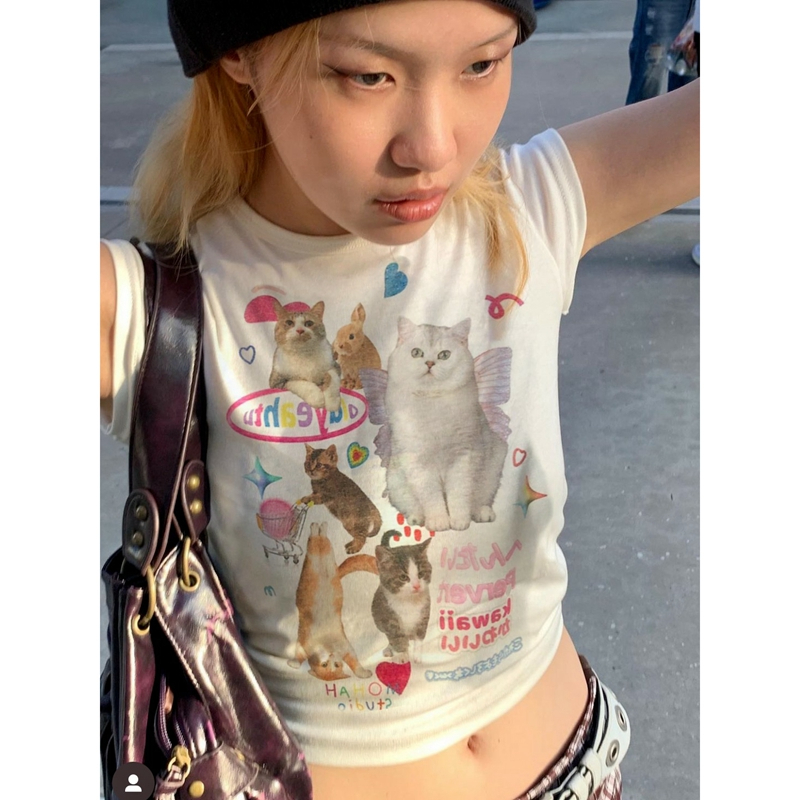Original foreign trade Korean version new cotton tie-up cotton cat summer navel-exposed short T-shirt for women
