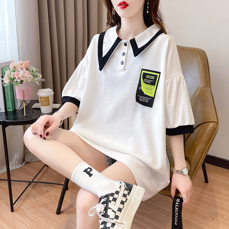 珠地布實拍夏季2025超火不規則POLO領插色短袖T恤女