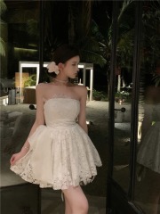 Real shot~ Classical ballet strapless waist-hugging dress short skirt pure white lace dress