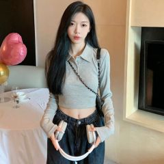 POLO領短款修身T恤女裝灰色正肩打底衫黑色緊身長袖上衣秋