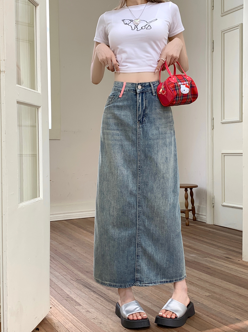 Real shot 2025 spring new high-waisted nostalgic denim skirt tassel slit mid-skirt A-line skirt