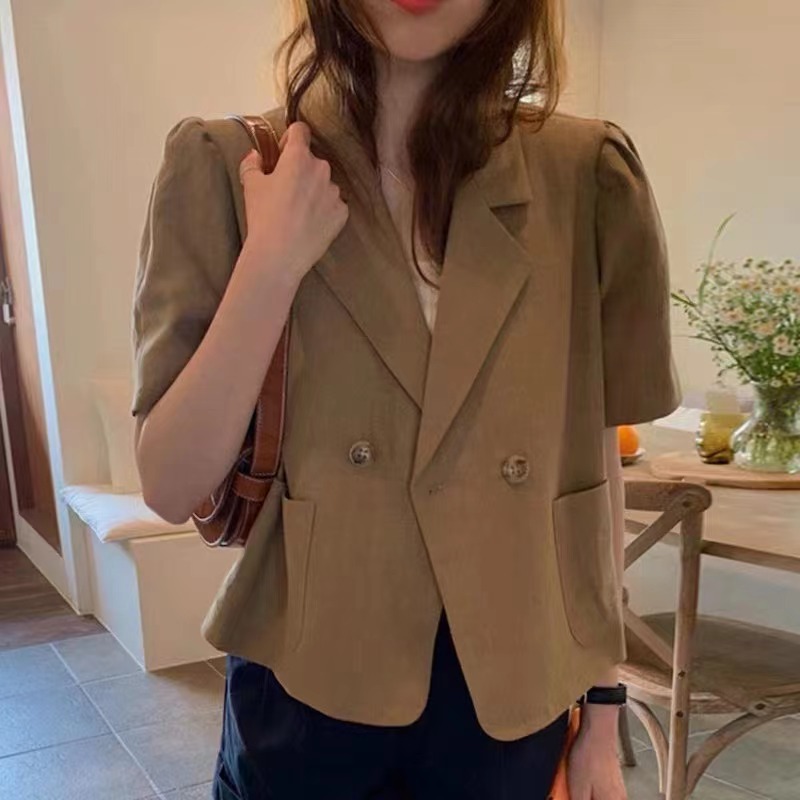 Korean style chic large size suit jacket retro lapel loose puff sleeve short suit top M-4XL 200 catties