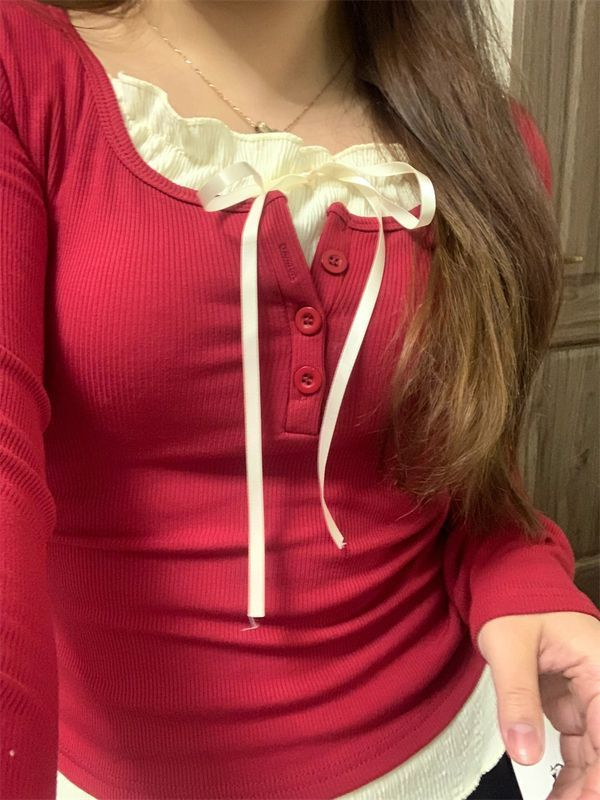 芭蕾風純欲風假兩件蝴蝶結T恤女秋冬灰色氣質小個子修身上衣