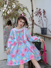 Original!  Real shot Sweet heavy industry lace lace pleated floral loose doll long-sleeved dress