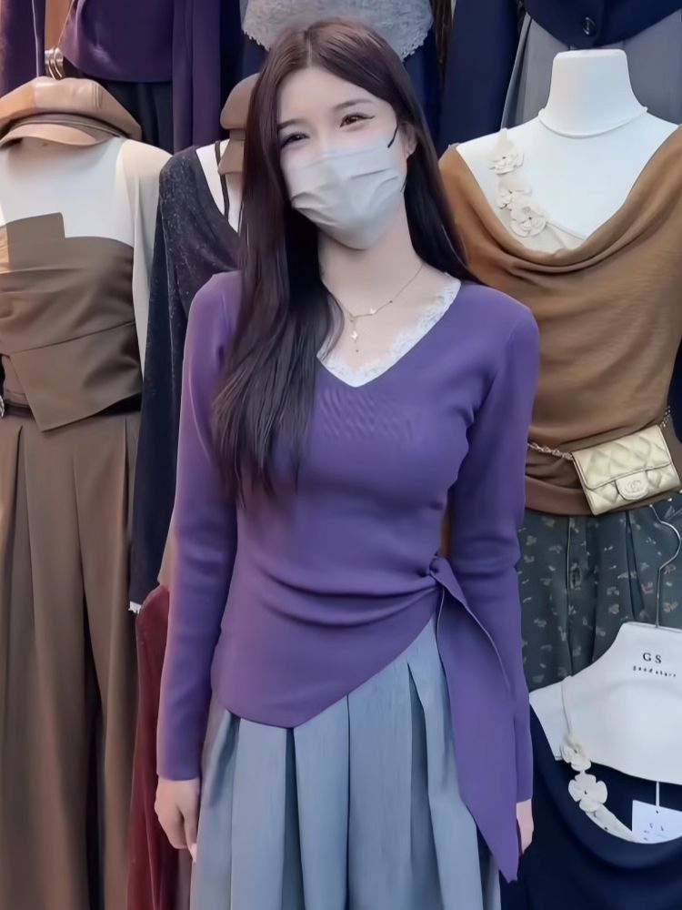 1*1 230克德絨 甜辣妹V領蕾絲花邊打底衫女秋冬下擺綁帶收腰上衣