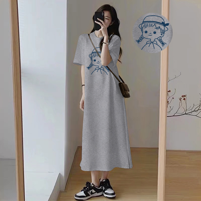 Foreign trade large size women's short-sleeved T-shirt dress summer small clothes fat mm belly covering age-reducing long skirt