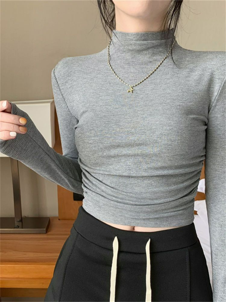 德絨半高領打底衫女春秋新款純欲風辣妹顯瘦德絨內搭長袖上衣
