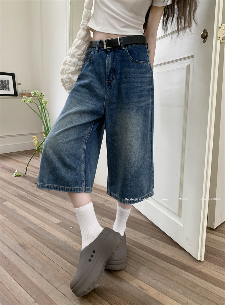 Real shot ~ American retro high street jeans for women with high waist slimming straight wide-leg cropped pants mid-length pants
