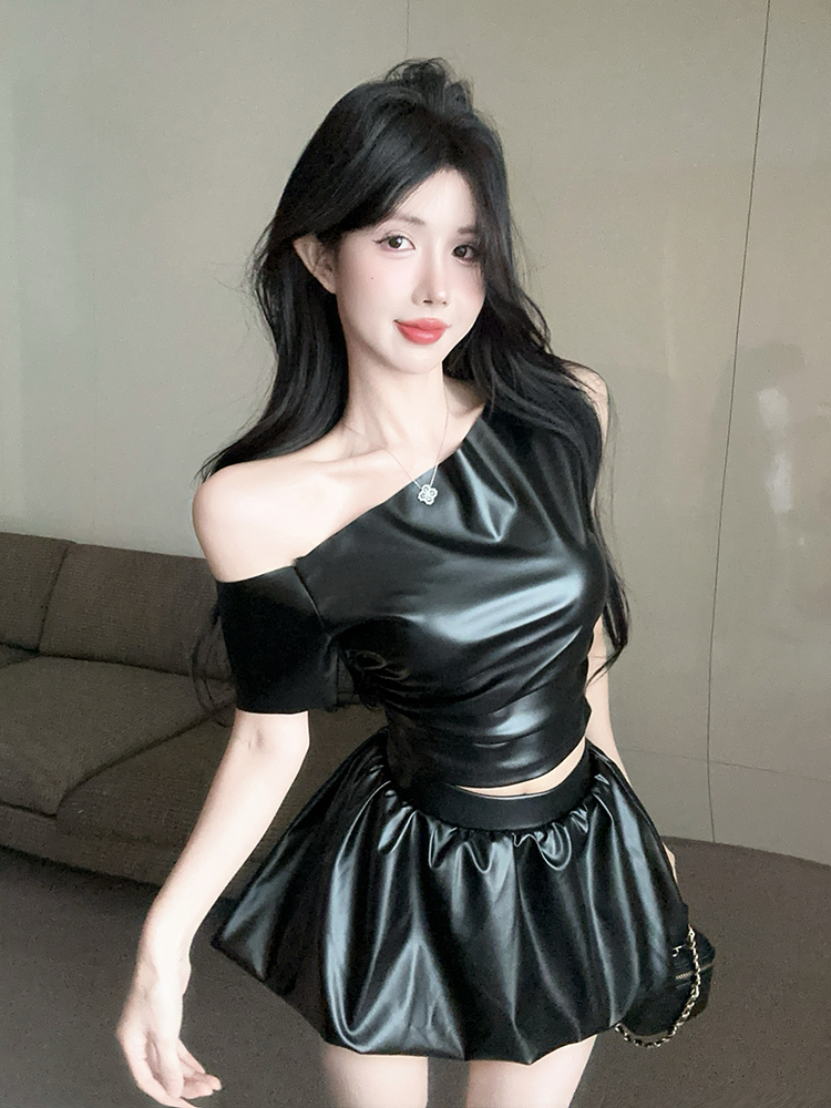 Real shots of off-shoulder PU short skirt suit