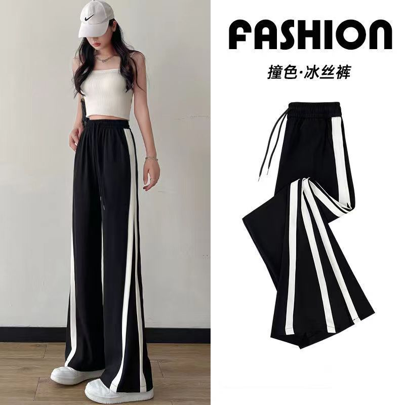 Korean foreign trade slit straight pants for women fat MM large size black wide-leg pants ins trendy versatile loose casual pants