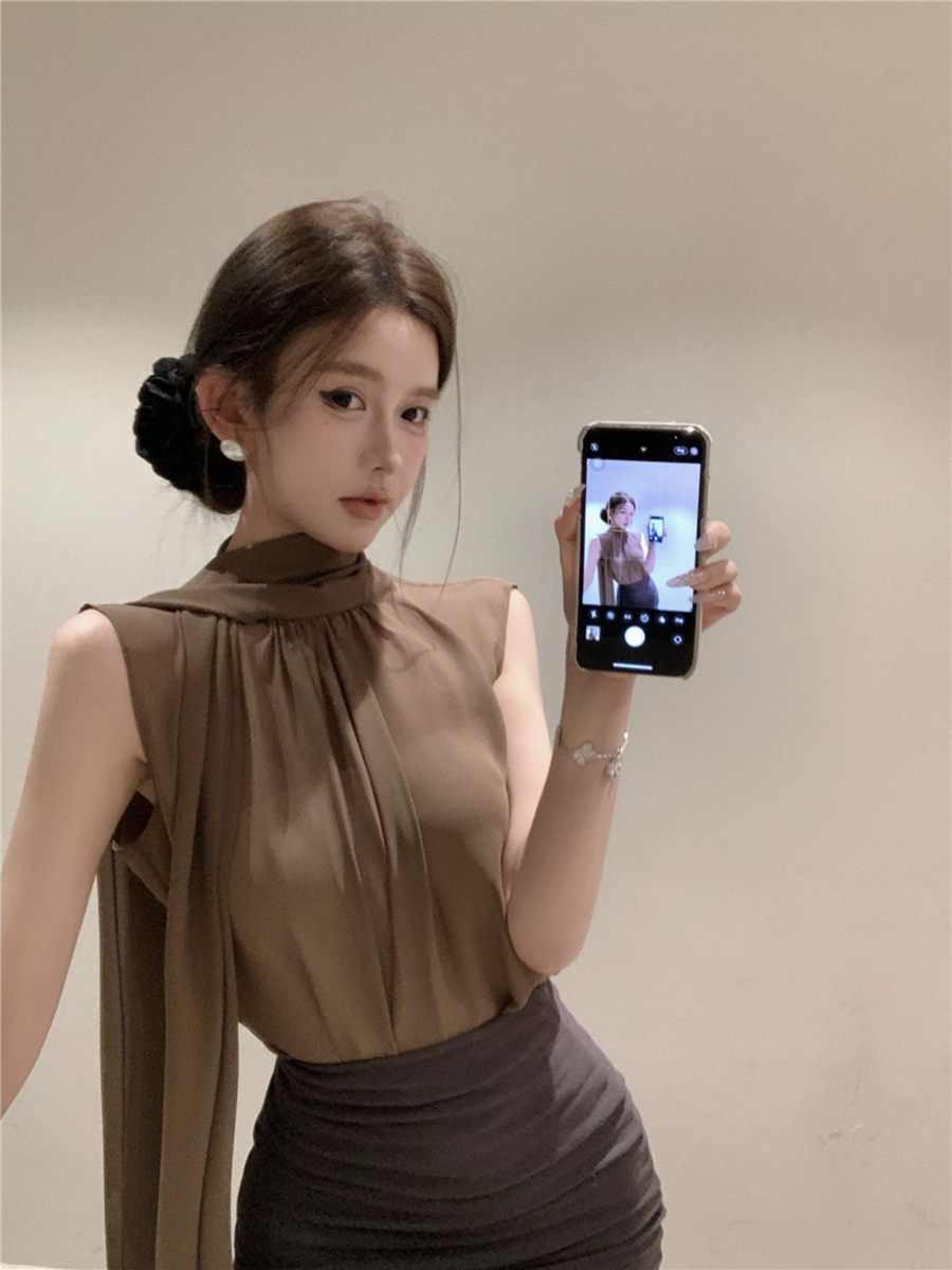 Real shot of retro sexy temperament streamer sleeveless chiffon gentle pure top shirt shirt + inner strapless women