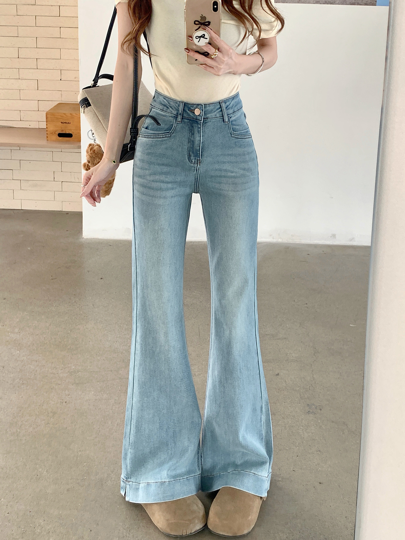 Real shot #New elastic micro-flare denim trousers for women with slim fit and slim design wide-leg horseshoe pants