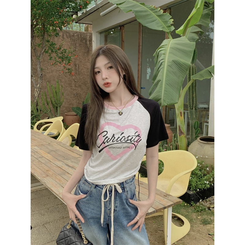 外貿原版6535拉架棉 甜辣妹字母印花撞色短袖T恤女夏季小眾修身