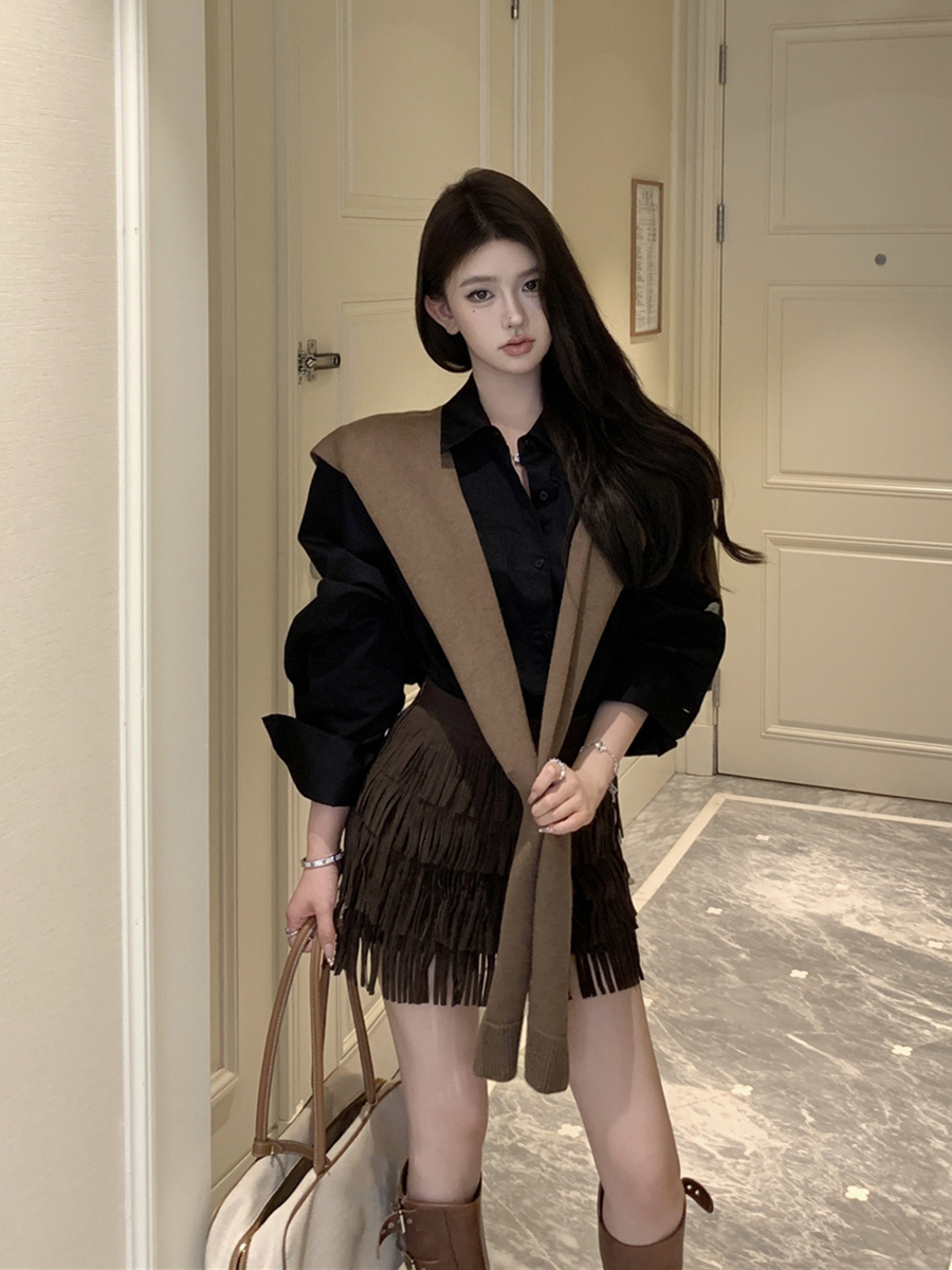 Real shot of retro loose silhouette shirt top knitted shawl for women