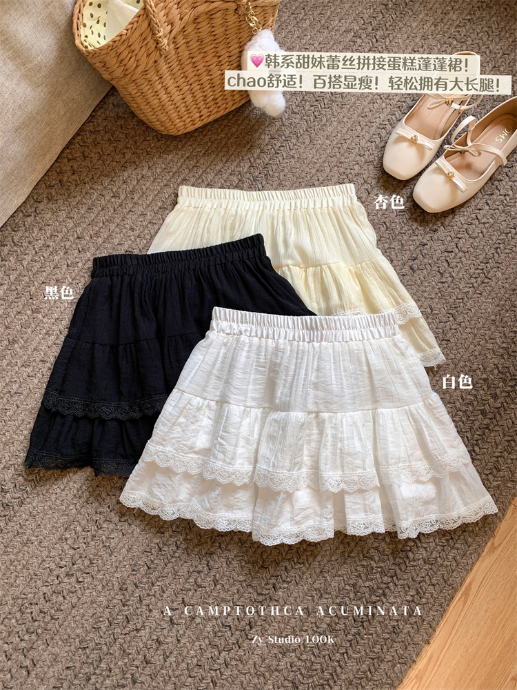 Real shot~White ballet style lace cake skirt for women in spring and summer high waist slimming legs long A-line short skirt