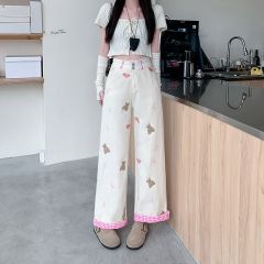 Real shot~ Double waist bear embroidered curly jeans for women's design straight-leg pants floor wide-leg pants