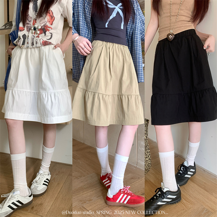 Real shot ~ Lazy style casual elastic waist skirt for women with high waist slim and puffy little A-line mid-skirt