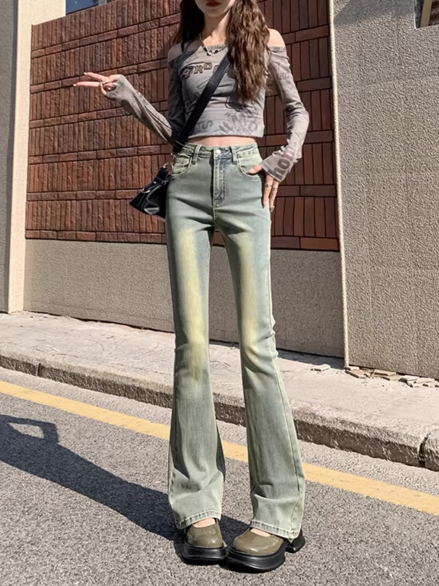 復古懷舊微喇牛仔褲高腰顯瘦修身彈力馬蹄拖地褲