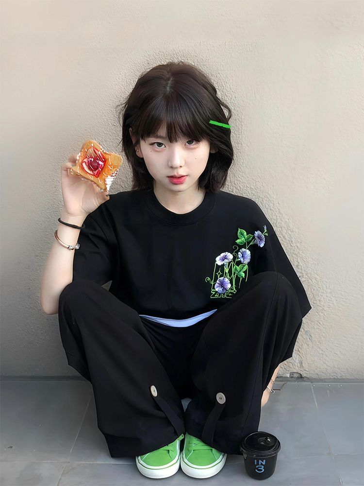 刺秀純棉210克精梳緊密短袖t恤女