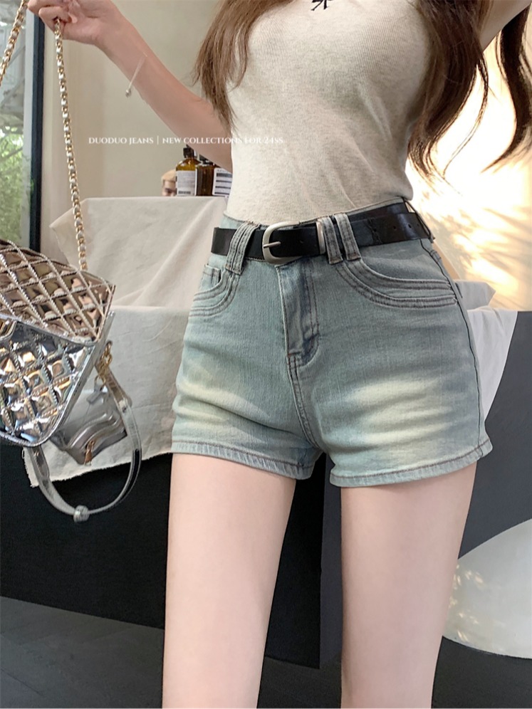 Real shot ~ American retro hot girl denim shorts for women with high waist slim fit and slim A-line hip wide-leg hot pants