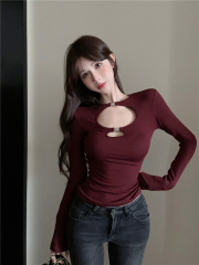 Real shot~ Hot girl's long-sleeved slim round neck hollow pure and horny atmosphere T-shirt top
