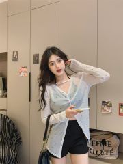 夏季新款開叉波點長袖T恤女薄款微透防曬罩衫慵懶鬆弛感上衣