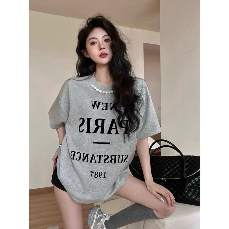 外貿原版夏季新款韓版美式復古字母印花短袖珍珠圓領寬鬆休閒T恤