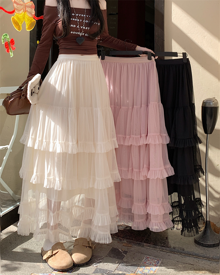 Real-priced new ballet style mesh fluffy cake skirt for women French romantic layered high waist slim skirt