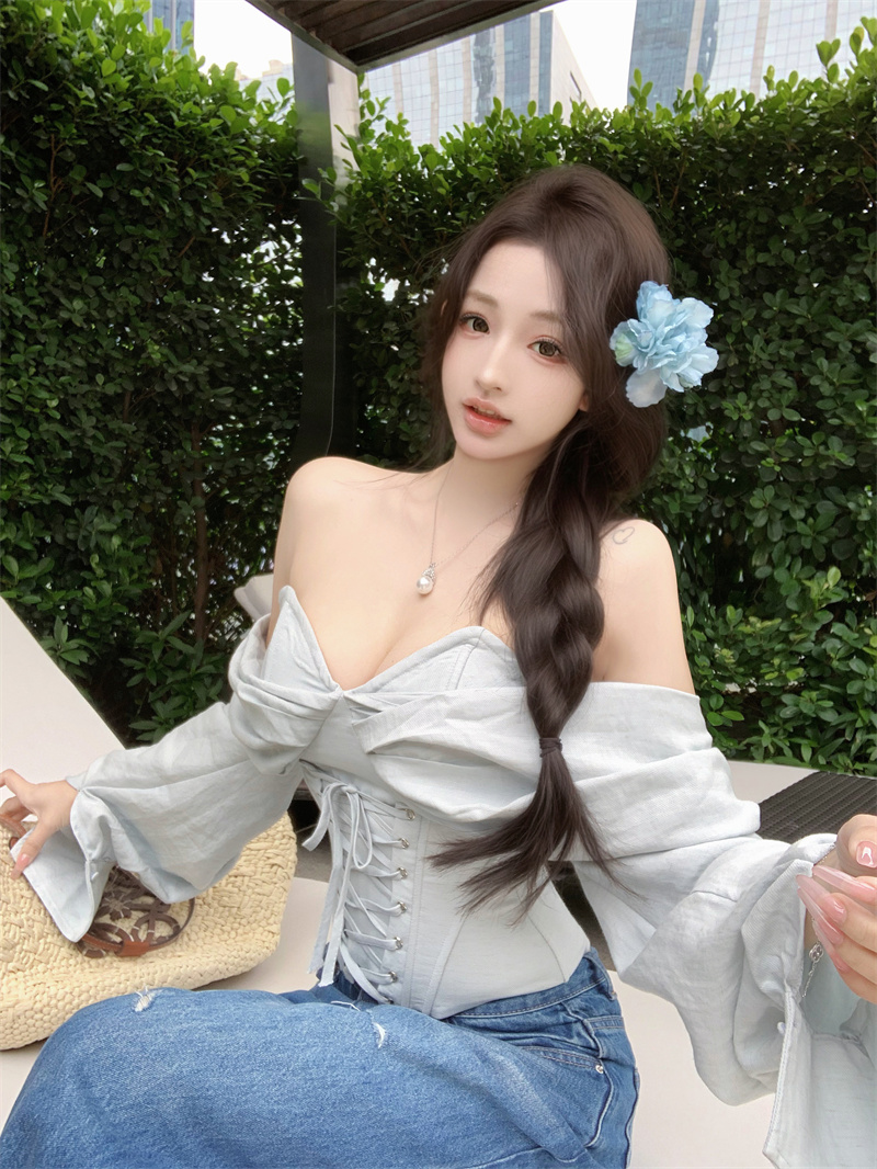 實拍  亞麻法式度假魚骨上衣