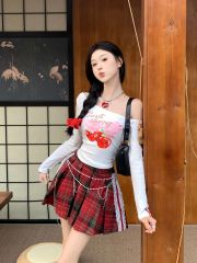 Real shot of pure and sexy hot girl lace spliced ​​long-sleeved T-shirt + plaid skirt sweet and fashionable suit autumn and summer