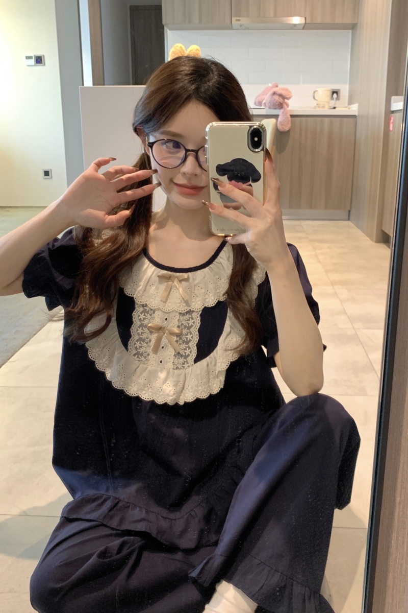 Real shot of Korean version of sweet lace fresh loose breathable cotton summer short-sleeved outdoor home clothing set