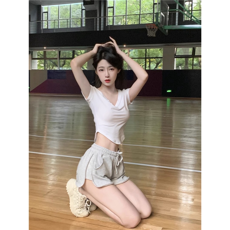 外貿原版6535拉架棉 運動純欲V領短袖T恤女夏季鬆緊腰修身休閒