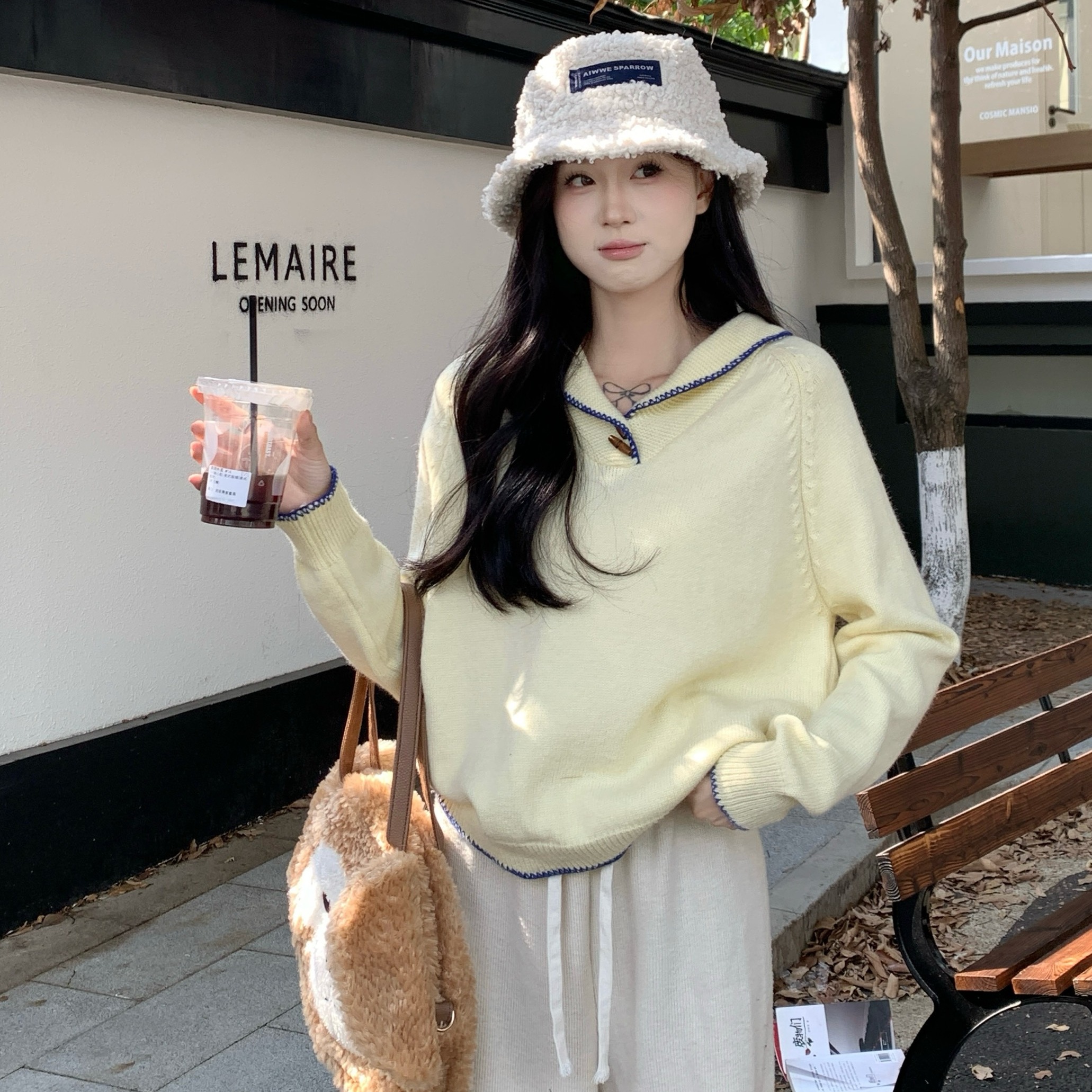 Real photo Korean contrasting color doll collar horn buckle knitted top spring and autumn thin sweater for women