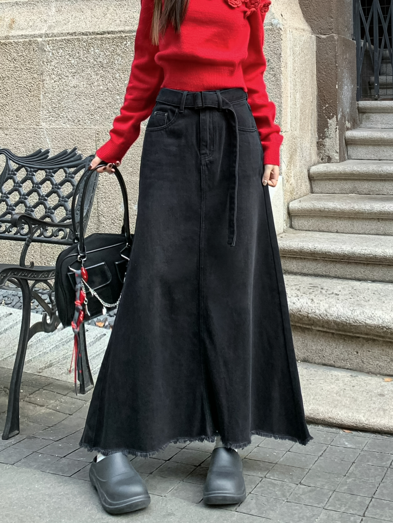 Real shot # high waist denim long skirt for women washing fur edge design sense denim belt a-line hip fish tail skirt