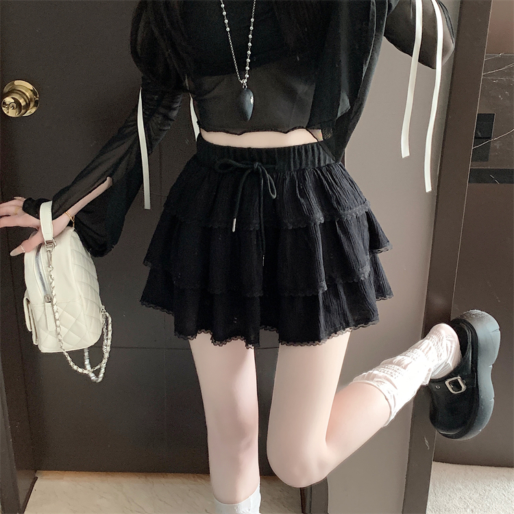 Real shot~White lace fluffy cake skirt for women in summer high waist A-line ballet style small short skirt