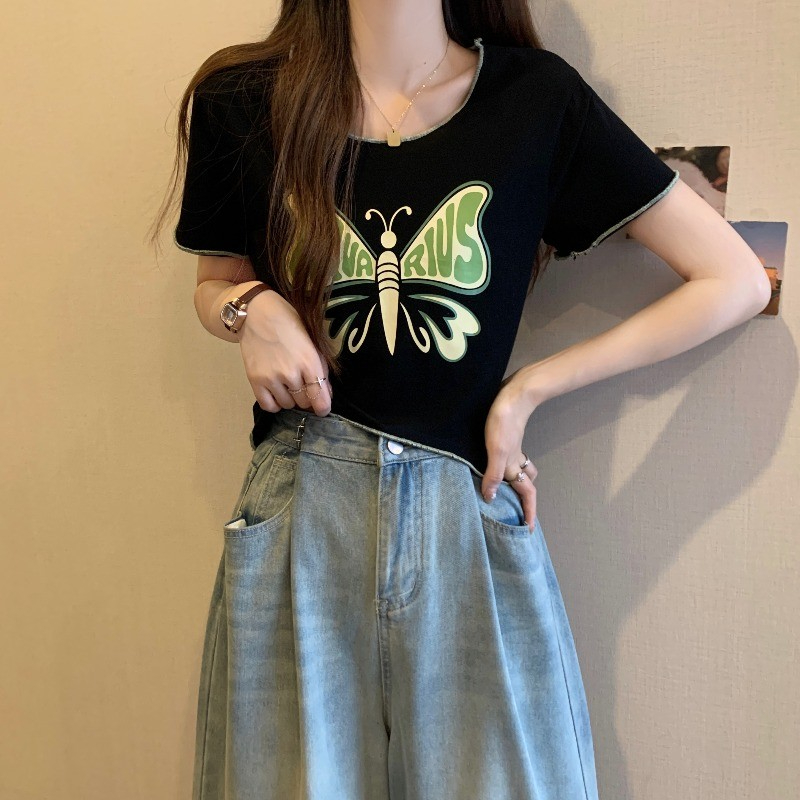 Korean foreign trade Korean version new cotton American sweet and hot short top design niche bow short sleeve