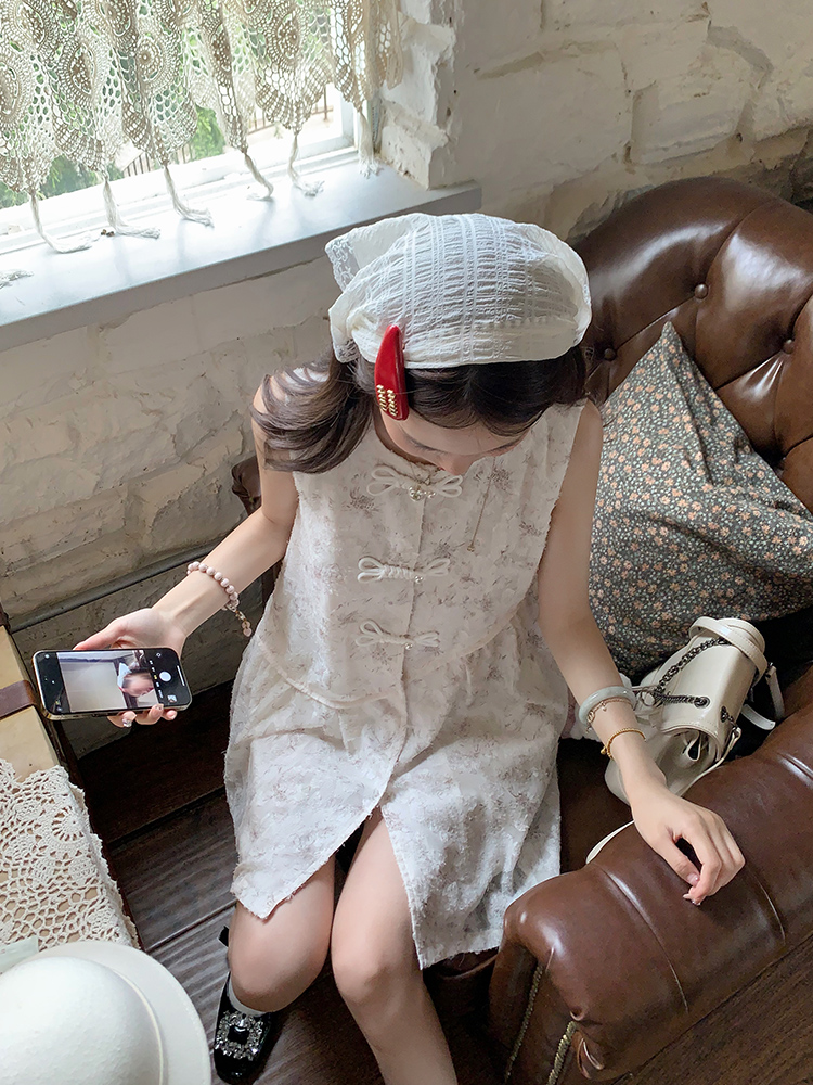 Real shot of new tea break new Chinese style improved button design sleeveless dress for women