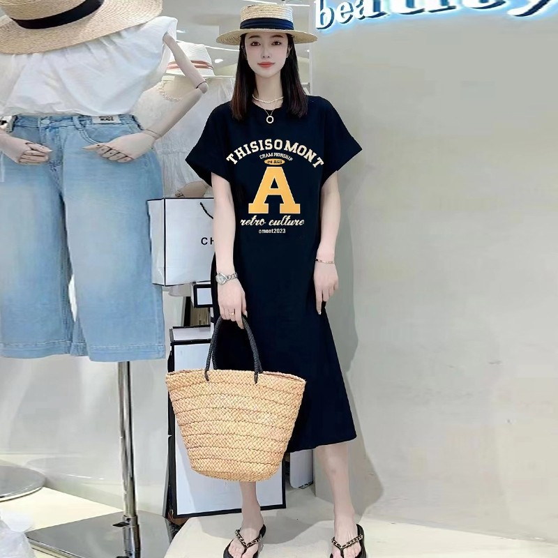 Foreign trade short-sleeved dress for women in summer new letter printing large size loose slit slimming over knee T-shirt long skirt