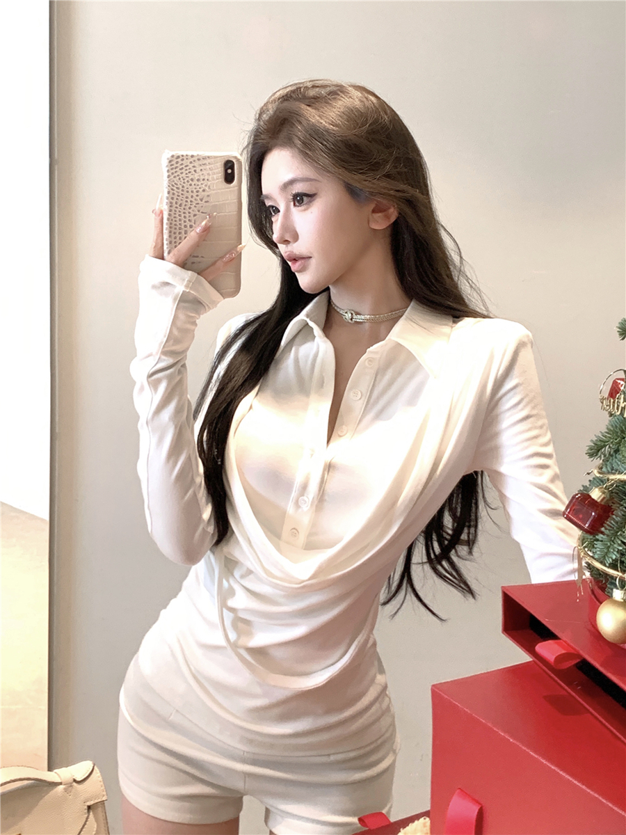 Real shot of sexy neck fake two-piece long-sleeved T-shirt shirt slim fit slim base top for women