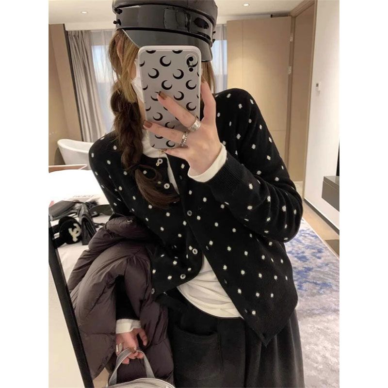 韓系波點針織開衫女秋季新款慵懶風洋氣減齡修身小眾百搭長袖上衣